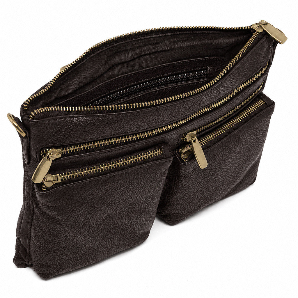 DEPECHE Leather crossover bag decorated with zipperpockets Crossover 033 Mocca