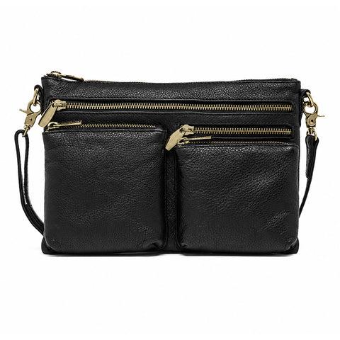 DEPECHE Leather crossover bag decorated with zipperpockets Crossover 154 Black/Brass