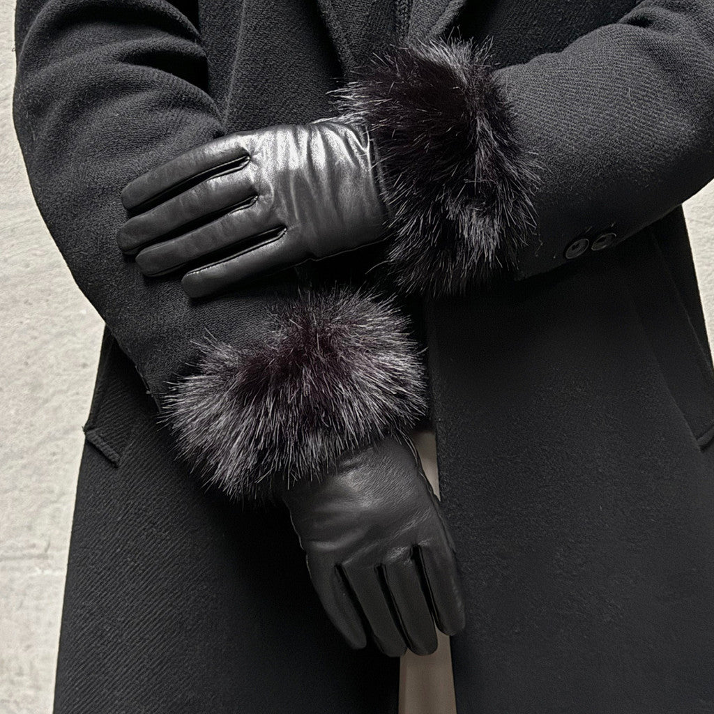 DEPECHE Leather gloves with faux fur Gloves 099 Black