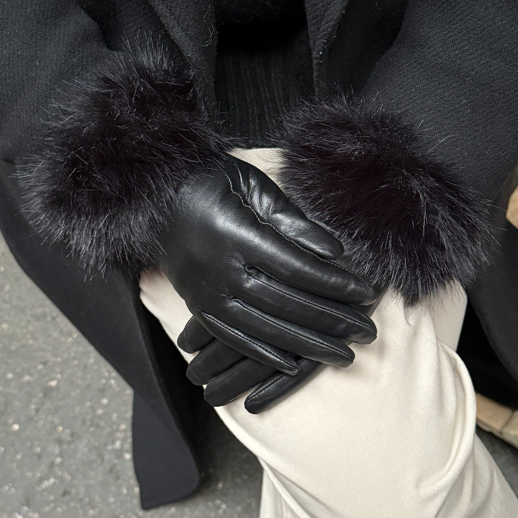 DEPECHE Leather gloves with faux fur Gloves 099 Black