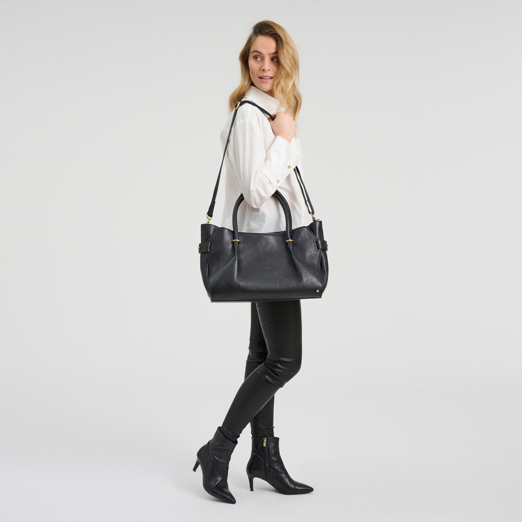 DEPECHE Leather work bag with gold trim details Shoulderbag / Handbag 099 Black