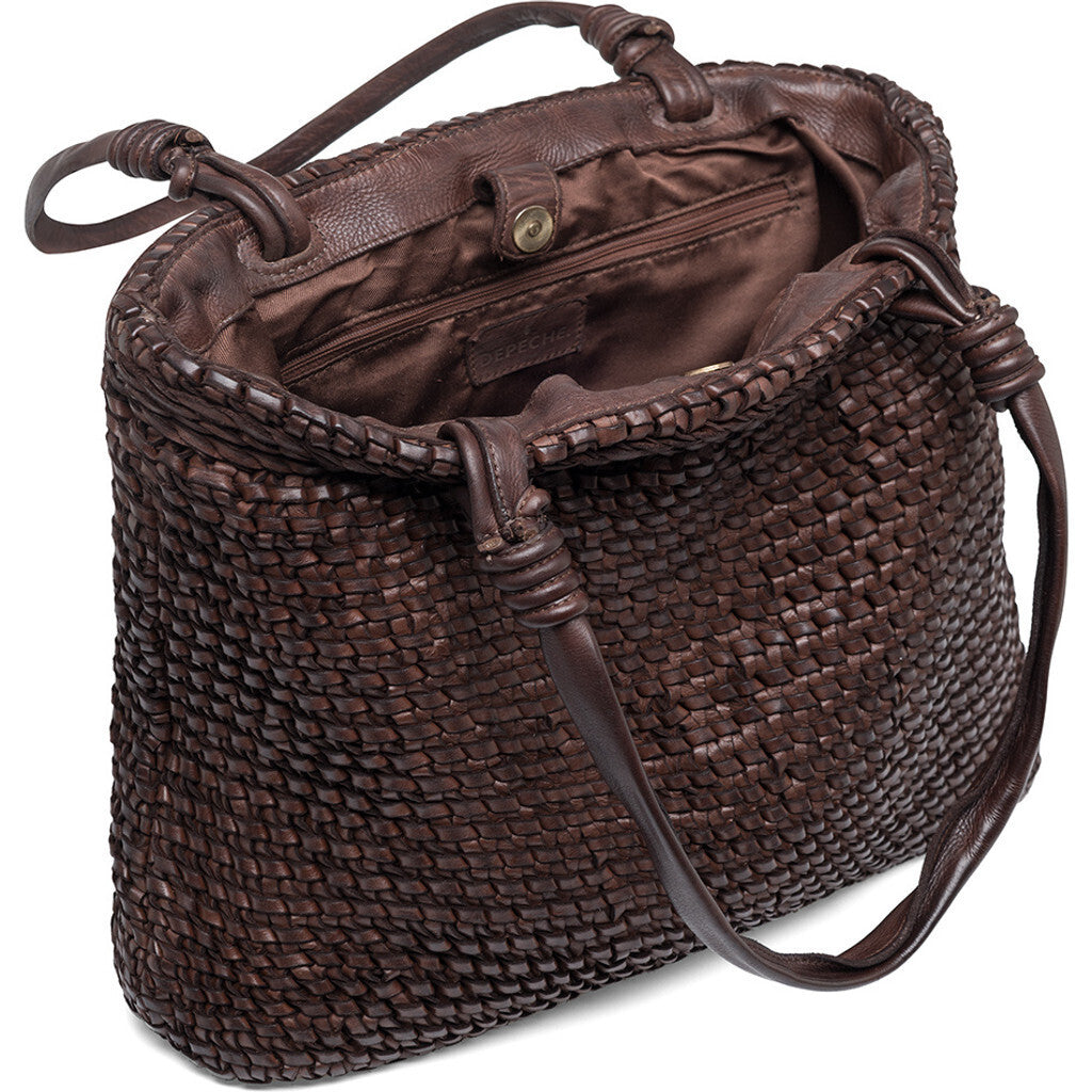 DEPECHE Shopper leather bag decorated with weaving Shopper 008 Chocolate