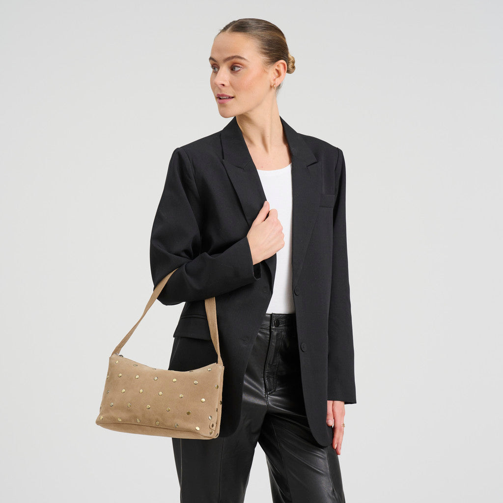 DEPECHE Small suede shoulder and handbag with all-over flat studs Shoulderbag / Handbag 011 Sand
