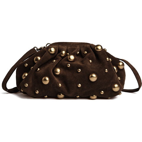DEPECHE Suede clutch bag with all-over round studs Clutch 008 Chocolate